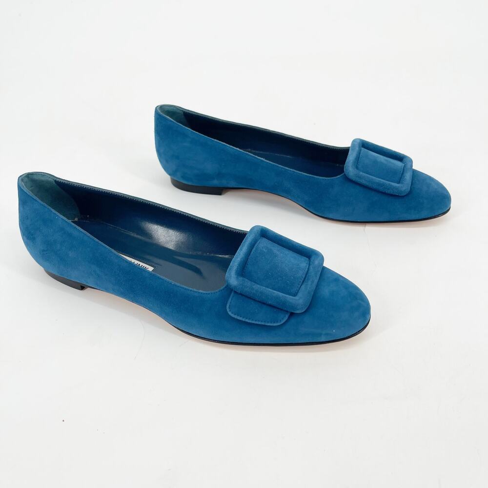 Manolo Blahnik Maydi Turquoise Suede Decorative Buckle Almond Toe Flats IT 37 - Picture 2 of 14